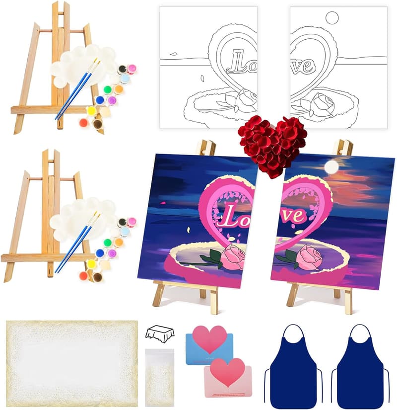 Couples Paint and Sip Kit with Pre-Drawn Canvases - 17 Pcs
