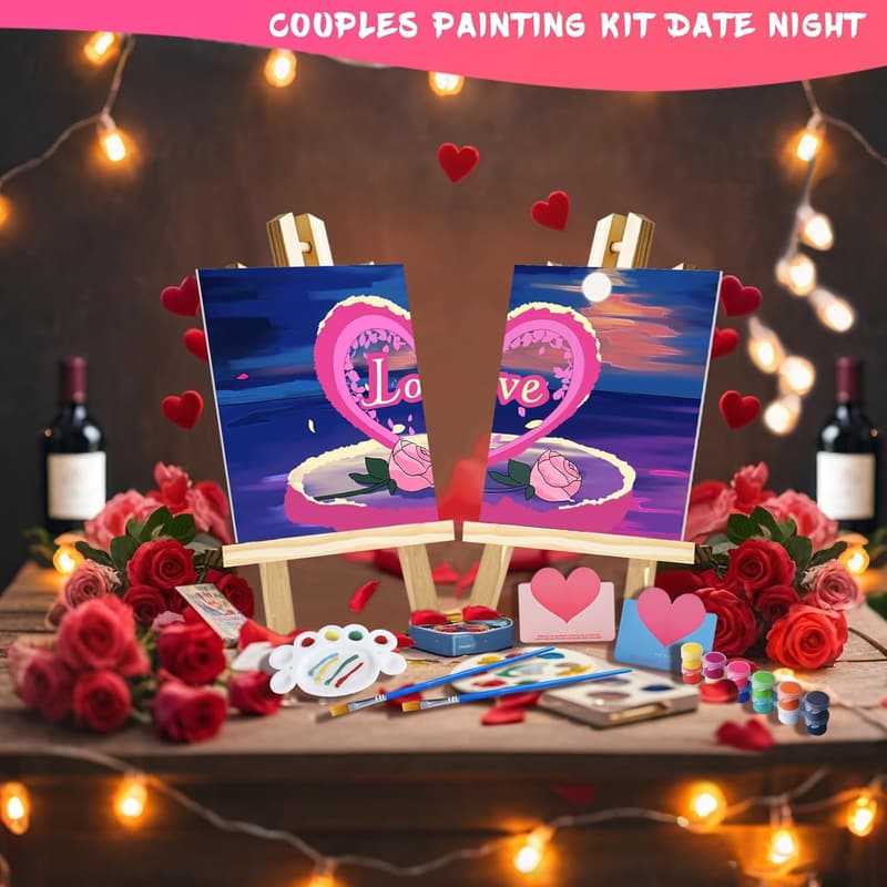Couples Paint and Sip Kit with Pre-Drawn Canvases - 17 Pcs