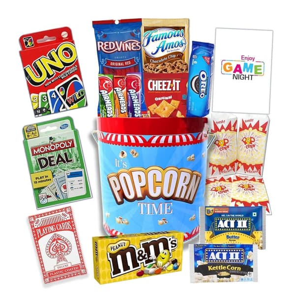 Game Night Gift Basket with Card Games & Snacks in Popcorn Tin