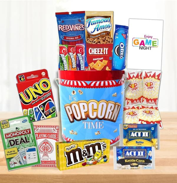 Game Night Gift Basket with Card Games & Snacks in Popcorn Tin