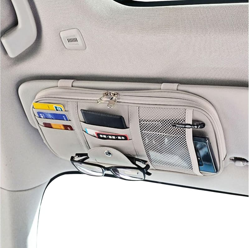 Car Sun Visor Organizer with Double Zippers & Glasses Clip
