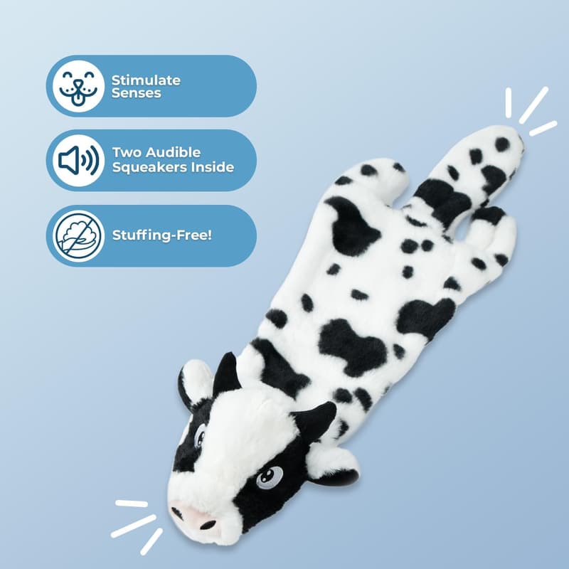 Stuffless Squeaky Dog Toy - Durable Fabric Cow for All Sizes