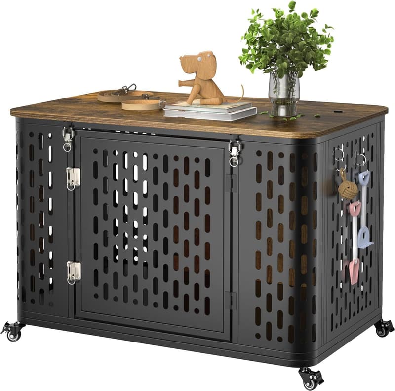 Heavy Duty Dog Crate with Cushion & Wheels for Anxiety Relief