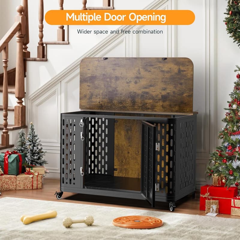 Heavy Duty Dog Crate with Cushion & Wheels for Anxiety Relief