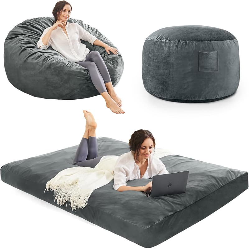 Giant Charcoal Bean Bag Chair Bed for Adults - Microfiber Foam