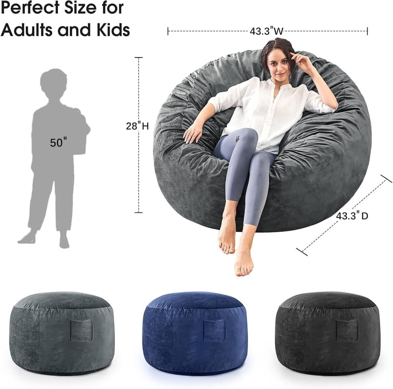 Giant Charcoal Bean Bag Chair Bed for Adults - Microfiber Foam