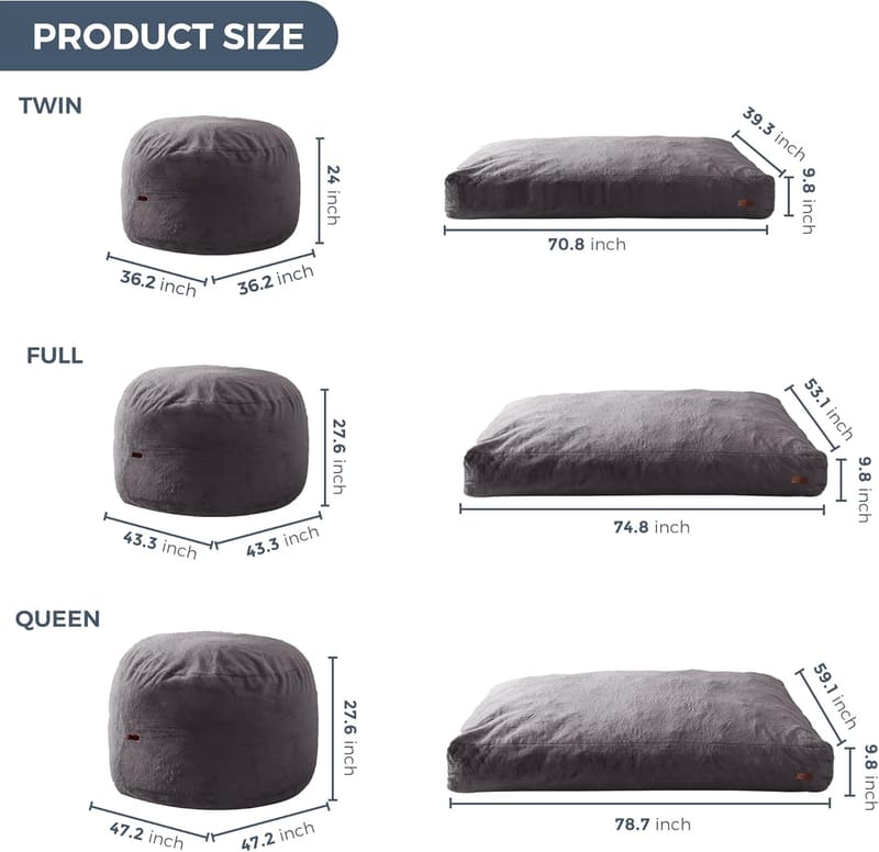 Convertible Giant Bean Bag Chair Bed for Adults - Machine Washable