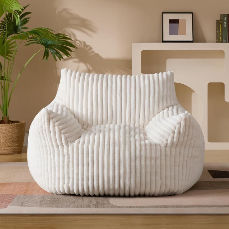 Oversized Beige Plush Bean Bag Chair with Armrests for Adults