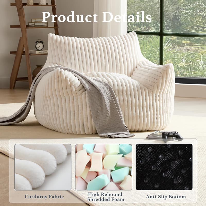 Oversized Beige Plush Bean Bag Chair with Armrests for Adults