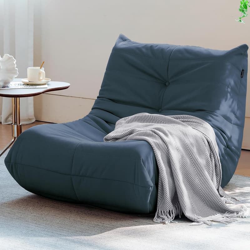 Modern Dark Blue Suede Bean Bag Chair for Adults