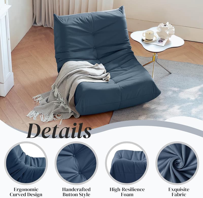Modern Dark Blue Suede Bean Bag Chair for Adults