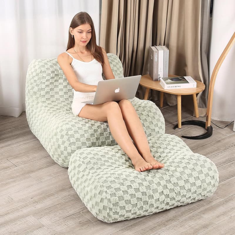 Modern Green Bean Bag Chair with Footstool for Adults