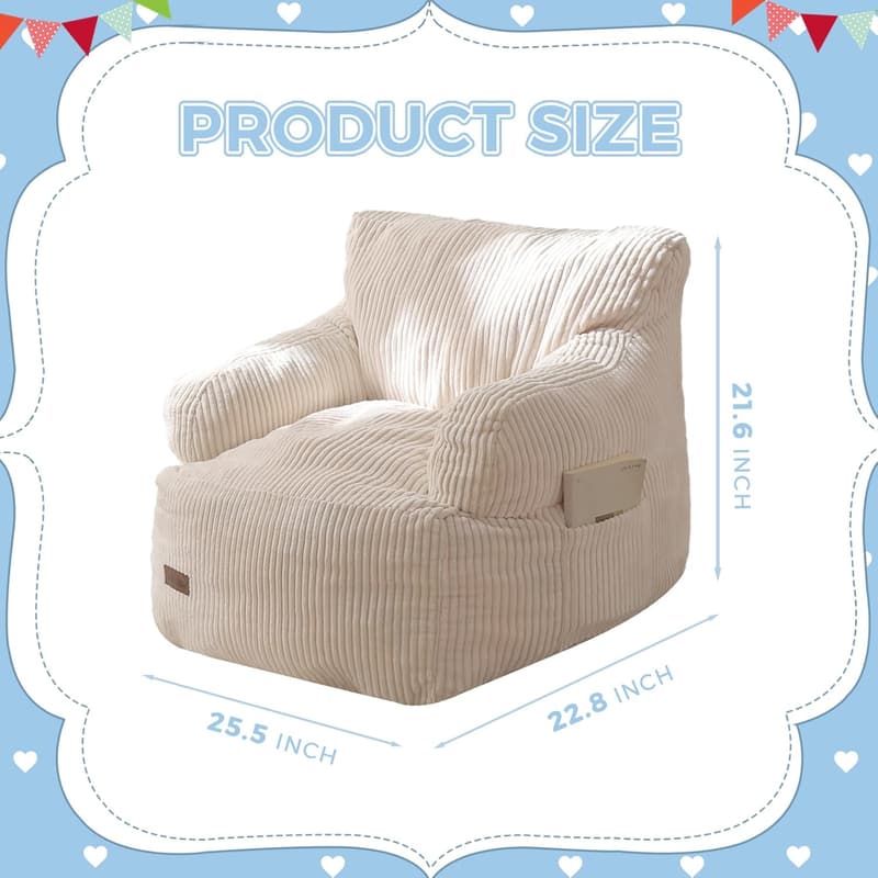 Kids' Beige Bean Bag Chair with Pocket for Gaming and Reading