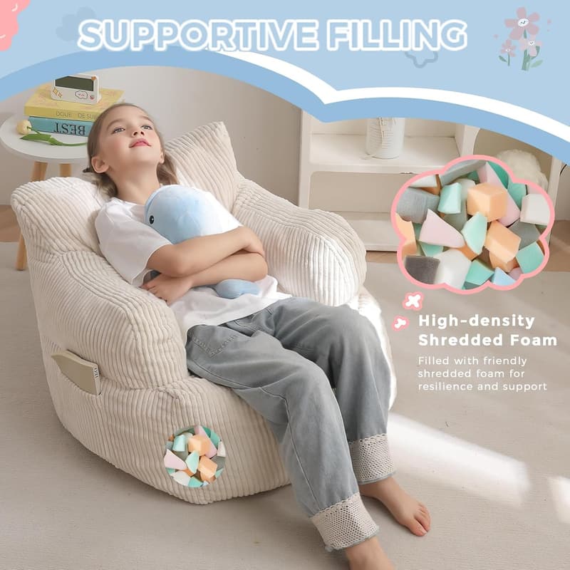 Kids' Beige Bean Bag Chair with Pocket for Gaming and Reading