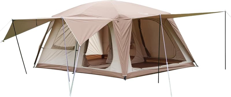 Large Family Camping Tent for 8-10, Waterproof, 3 Doors, 2 Rooms