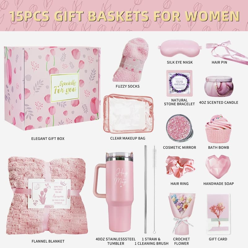 Spa Gift Basket with Flannel Blanket & Tumbler for Women