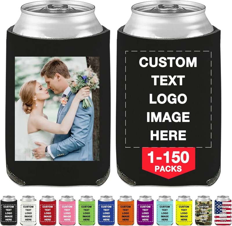 Personalized Beer Can Cooler Sleeves for Weddings & Parties