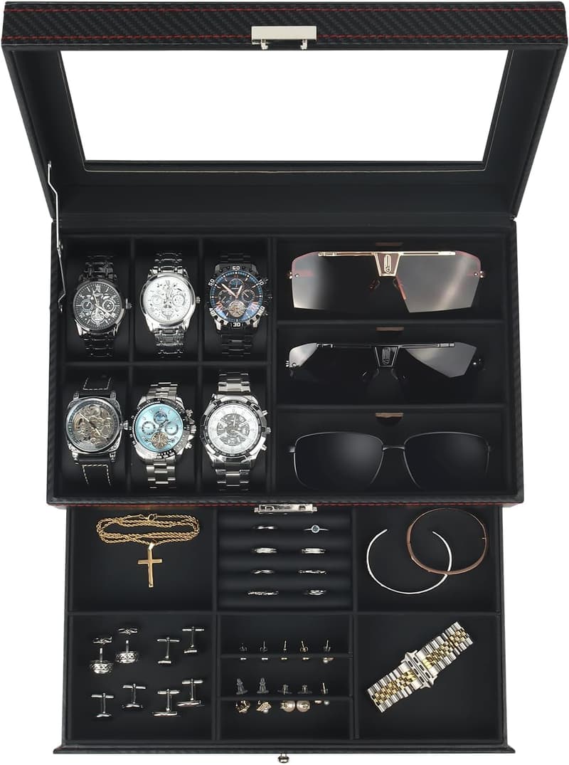 Men's Watch Box Organizer with Lock & Glass Lid, 6-Slot