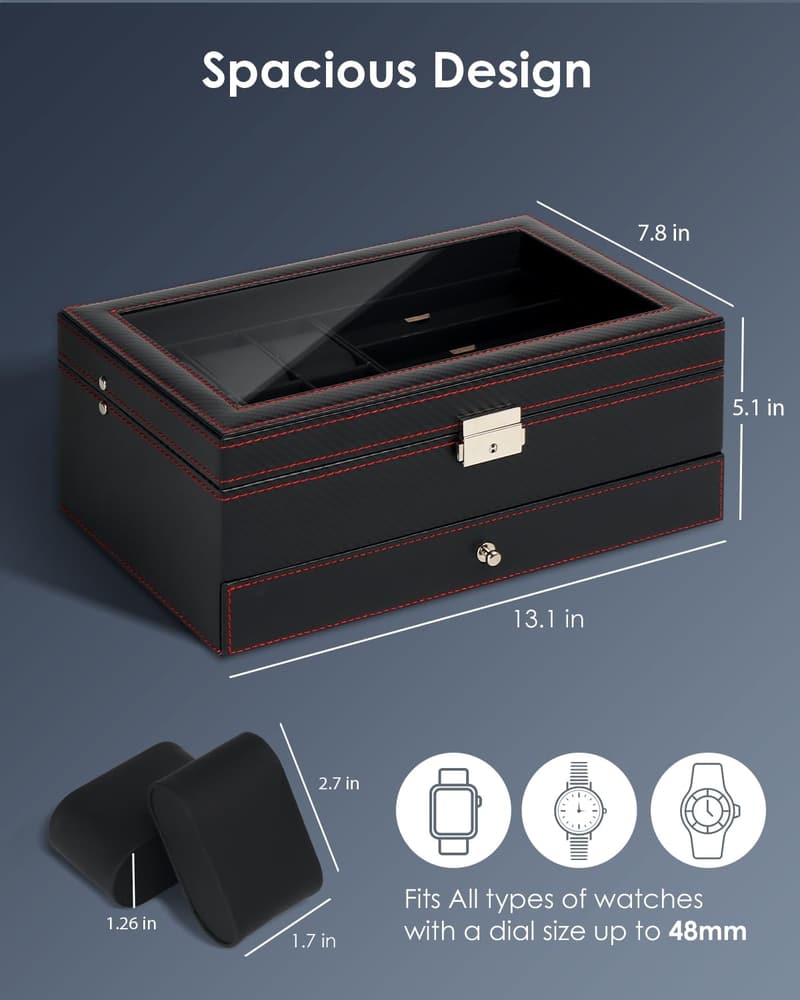 Men's Watch Box Organizer with Lock & Glass Lid, 6-Slot