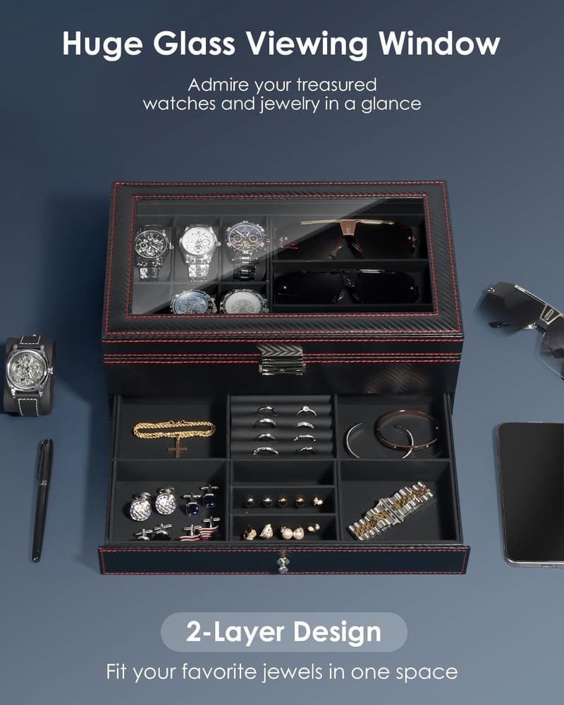 Men's Watch Box Organizer with Lock & Glass Lid, 6-Slot