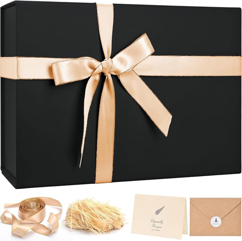 Large Black Gift Box with Lid & Ribbon for Men, 14
