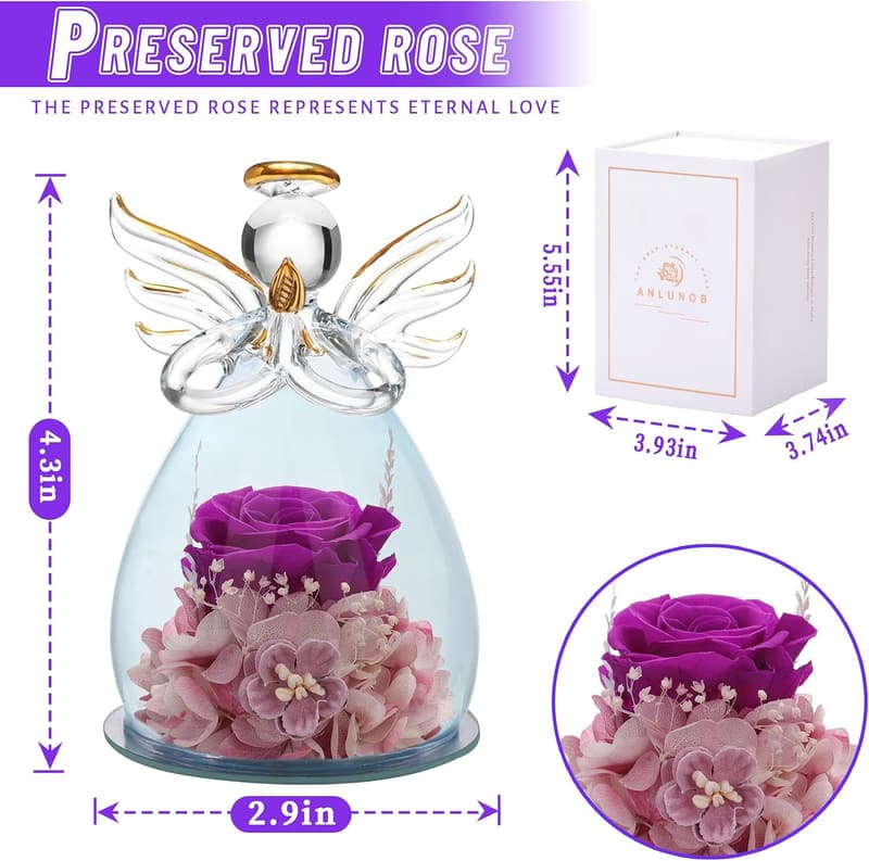 Preserved Flower Glass Angel Figurine - Perfect Gift for Women