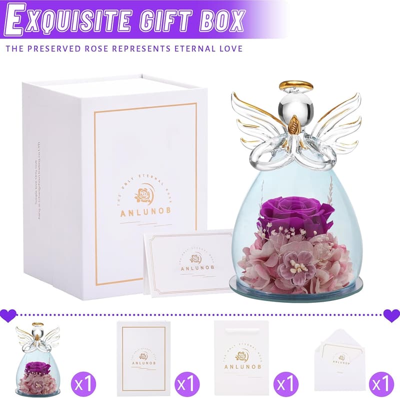 Preserved Flower Glass Angel Figurine - Perfect Gift for Women
