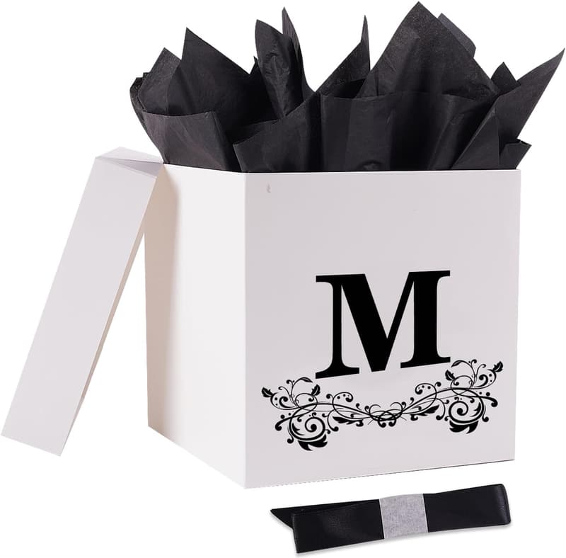 Medium Decorative Gift Box with Lid and Ribbon, Letter M
