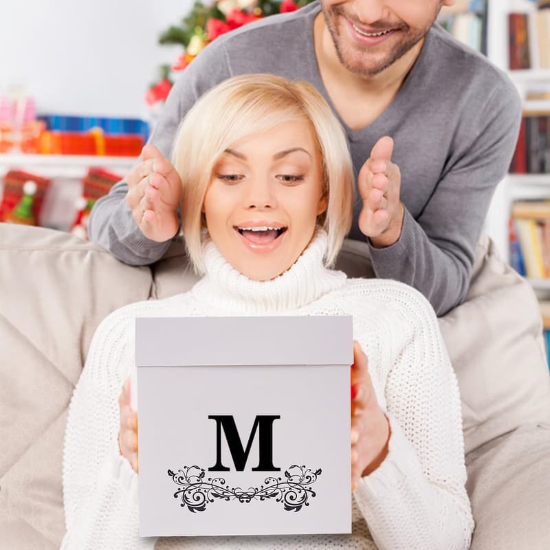 Medium Decorative Gift Box with Lid and Ribbon, Letter M