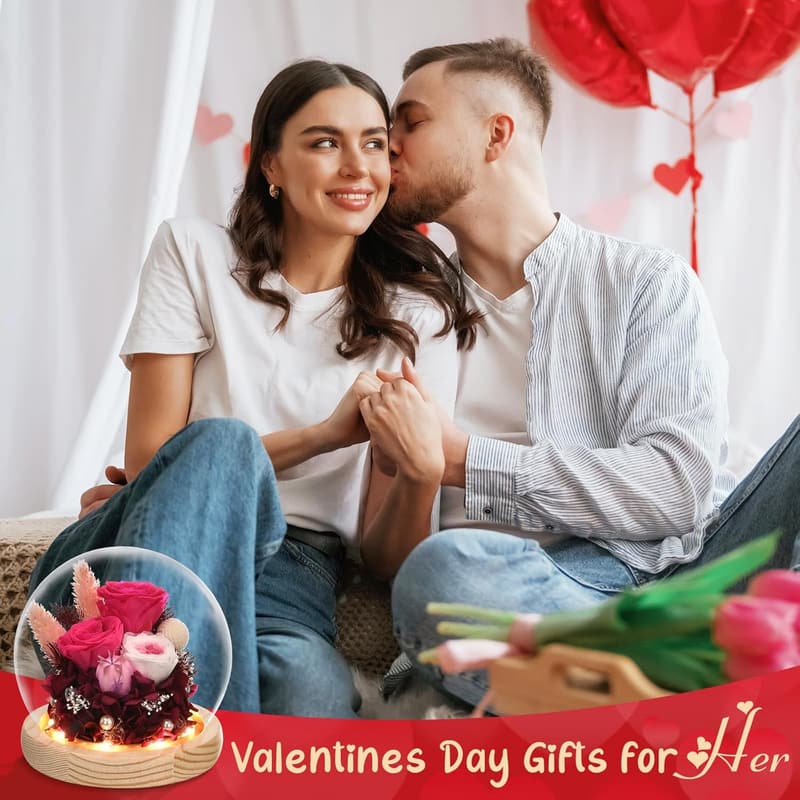 Preserved Real Rose in Glass Dome with LED Light - Gift for Women