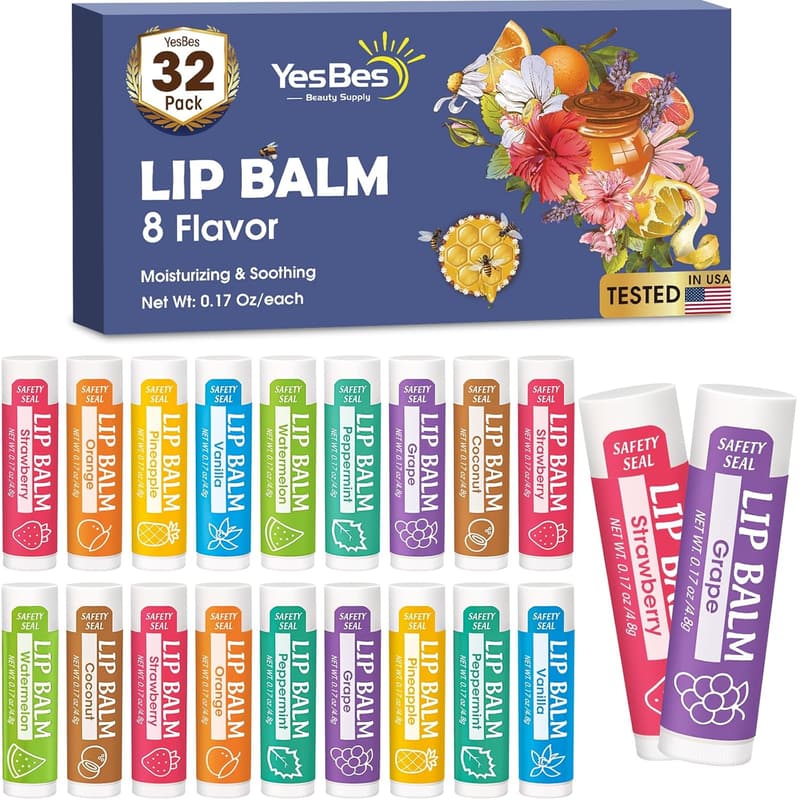 Natural Lip Balm Bulk - 32 Pack with Vitamin E & Coconut Oil