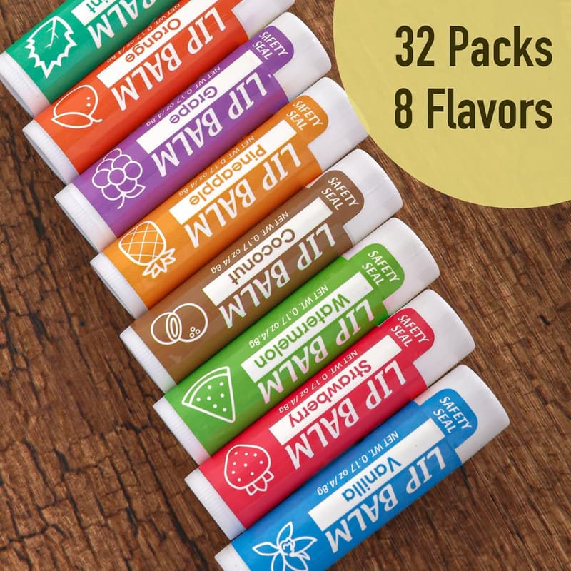 Natural Lip Balm Bulk - 32 Pack with Vitamin E & Coconut Oil