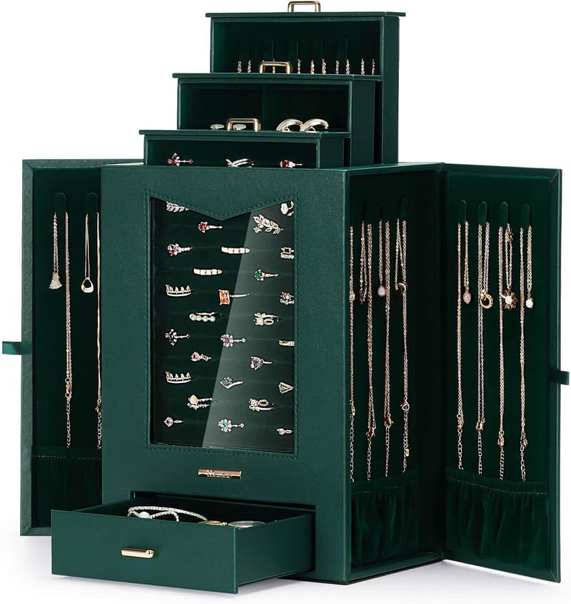 Jewelry Organizer with Transparent Window for Women - Forest Green