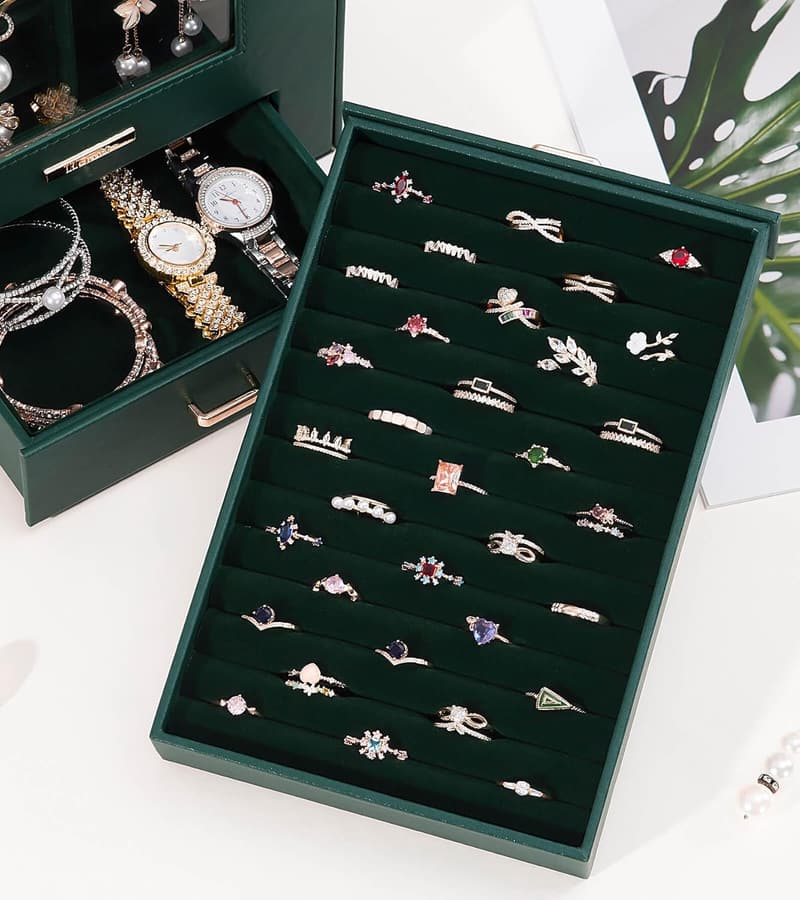 Jewelry Organizer with Transparent Window for Women - Forest Green