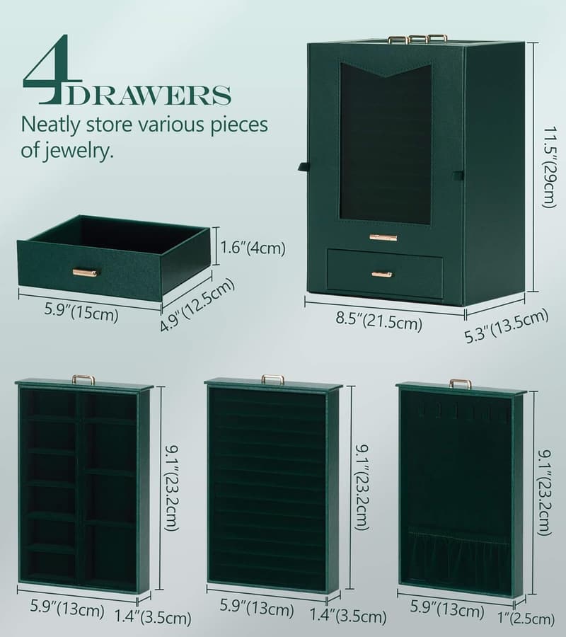 Jewelry Organizer with Transparent Window for Women - Forest Green