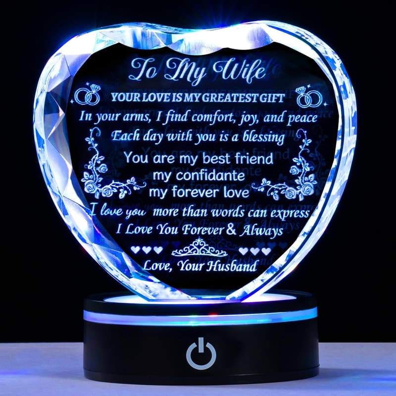 Heart Crystal Keepsake with Light Base for Wife's Birthday