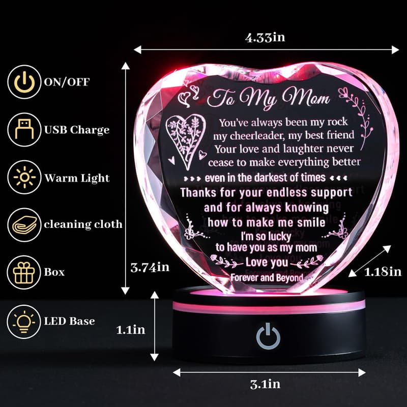 Heart Crystal Keepsake with Light Base for Wife's Birthday
