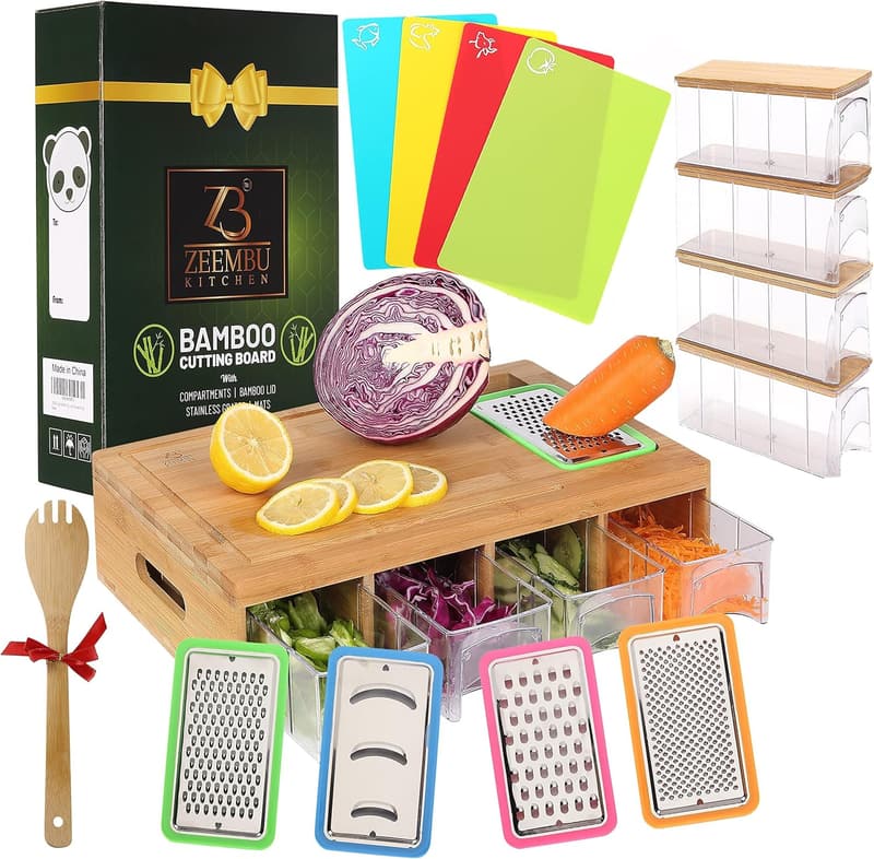 Bamboo Cutting Board Set with Stackable Containers for Meal Prep
