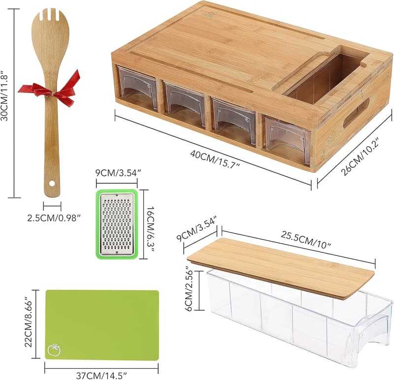 Bamboo Cutting Board Set with Stackable Containers for Meal Prep