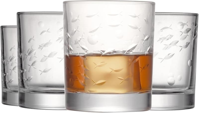Handmade Whiskey Glass Set (4 Piece) - 13 oz, Fish Pattern