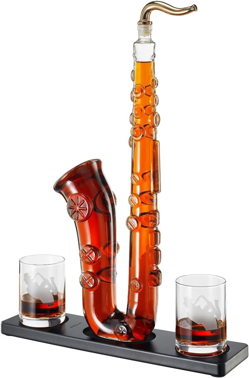 Saxophone Decanter Set with 2 Glasses - 34 oz Liquor Gift for Men
