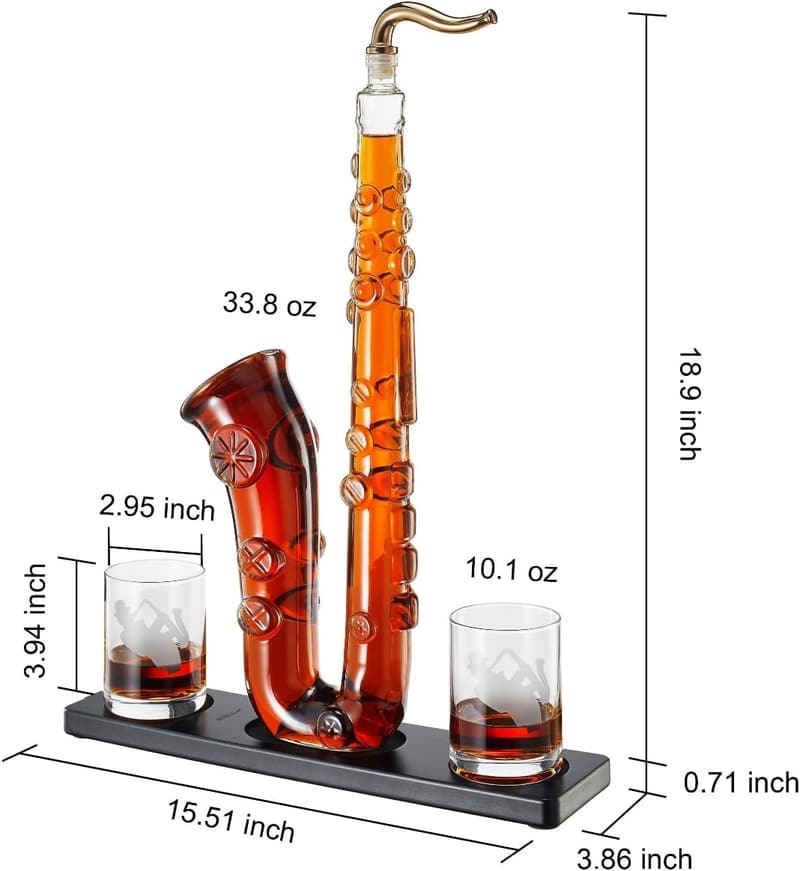 Saxophone Decanter Set with 2 Glasses - 34 oz Liquor Gift for Men