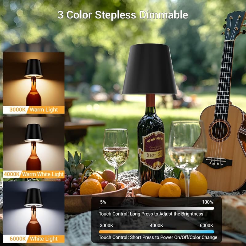 Rechargeable Wireless Bottle Lamp with Dimming - 2 Pack