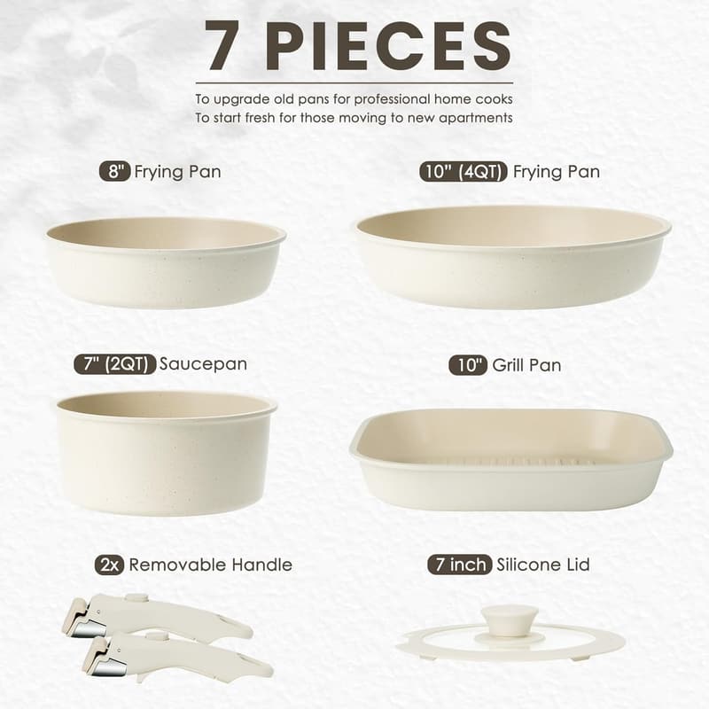 Non-Stick 7-Piece Ceramic Cookware Set with Detachable Handles