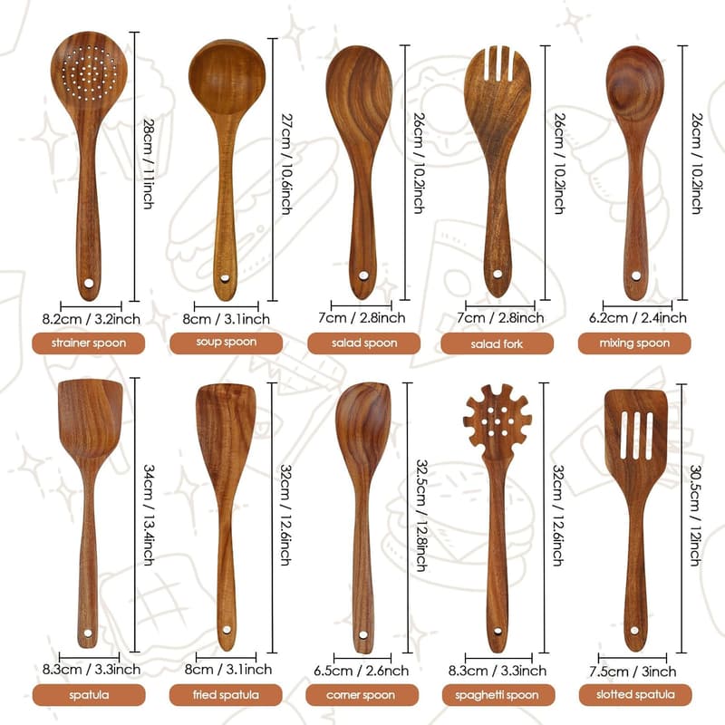 Heat-Resistant Teak Wooden Cooking Utensils Set - 10 Pieces