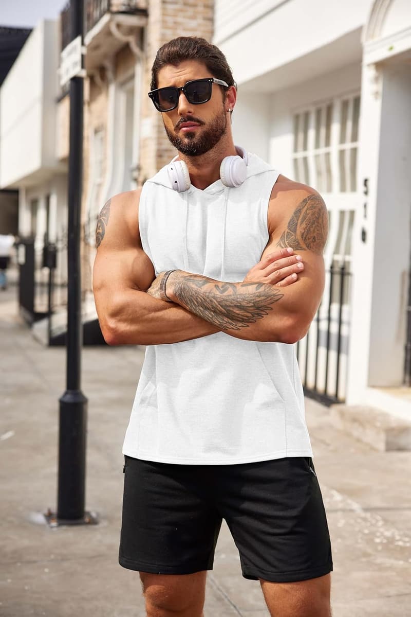 Men's Sleeveless Workout Hooded Tank Top for Bodybuilding
