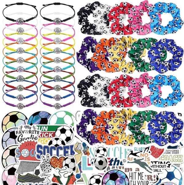 Soccer Birthday Party Favor Set with Hair Ties, Bracelets & Stickers