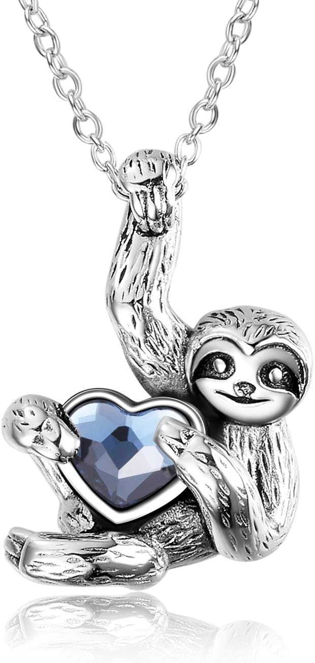 Christmas Sterling Silver Sloth Necklace with Heart Crystal