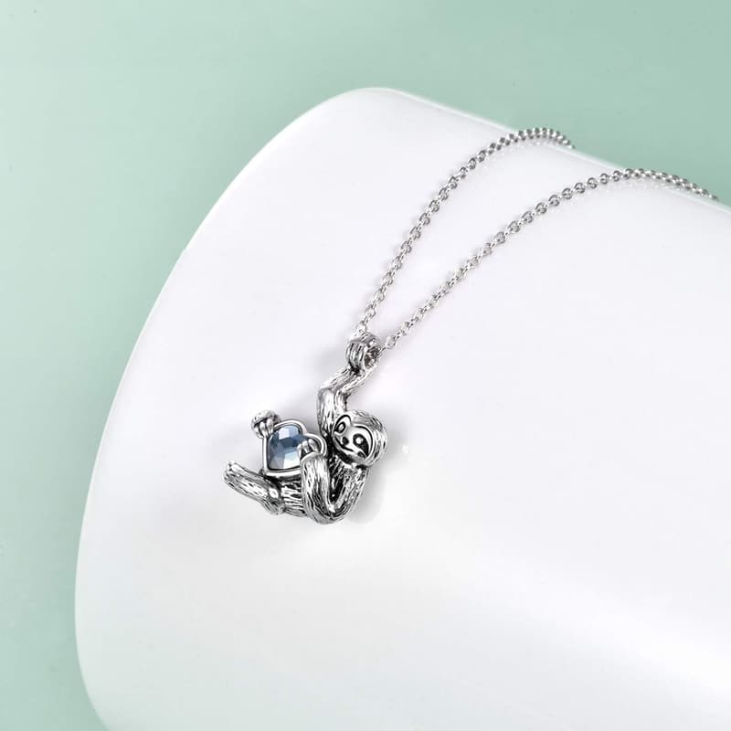 Christmas Sterling Silver Sloth Necklace with Heart Crystal