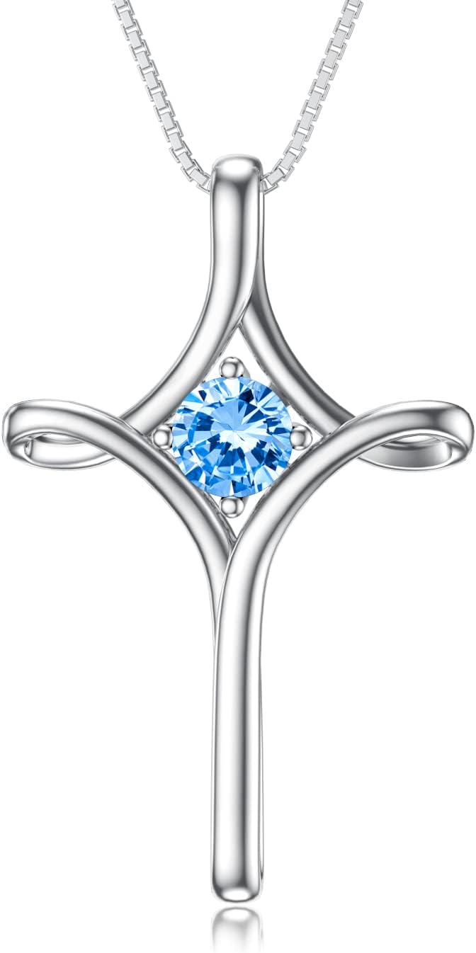 925 Sterling Silver Birthstone Cross Necklace for Women